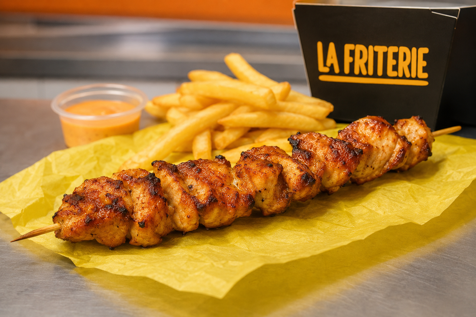 Brochette de poulet grillée et frites