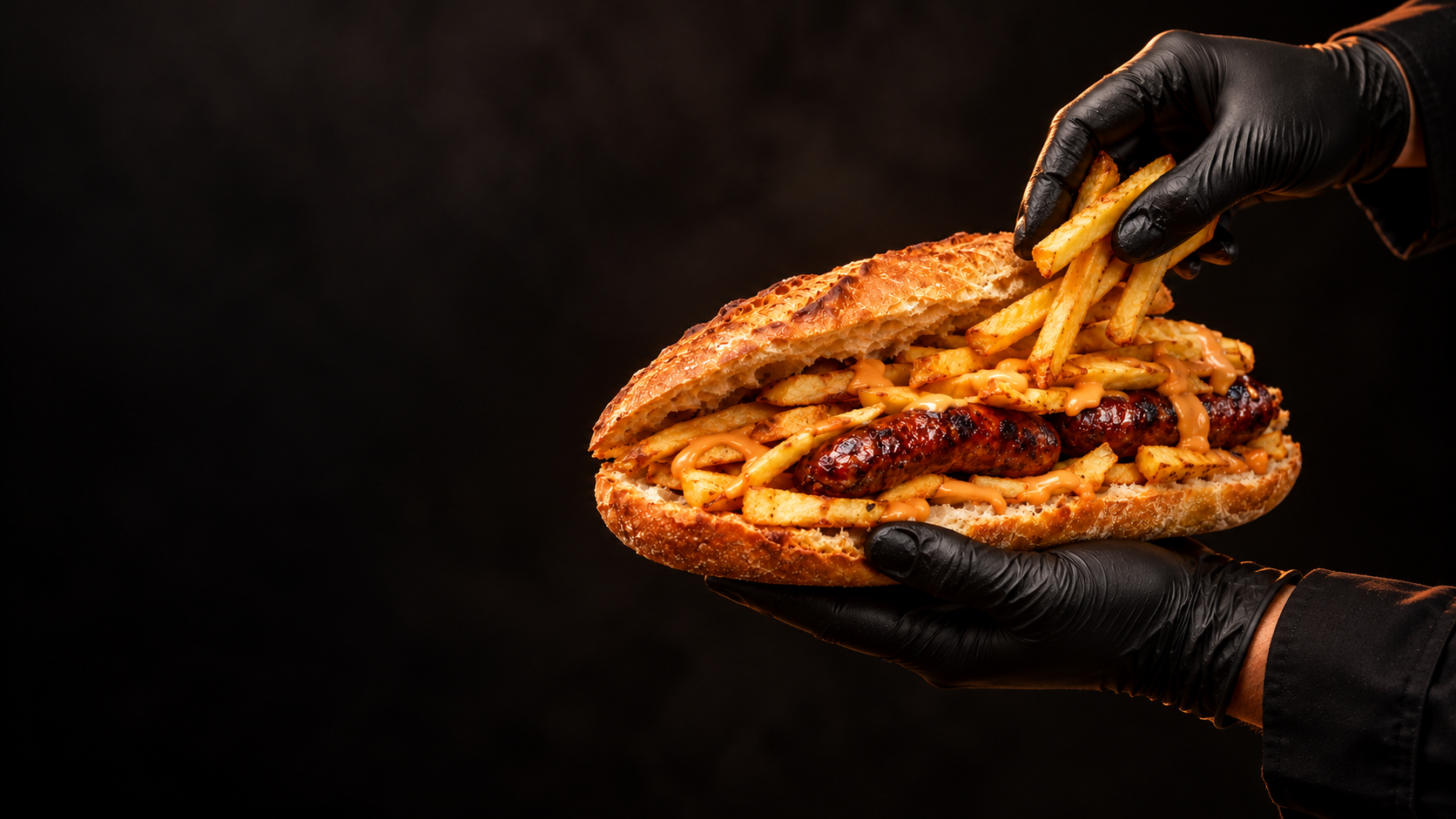 Deux mains gantées de noir : l’une tient le sandwich merguez, l’autre y ajoute des frites