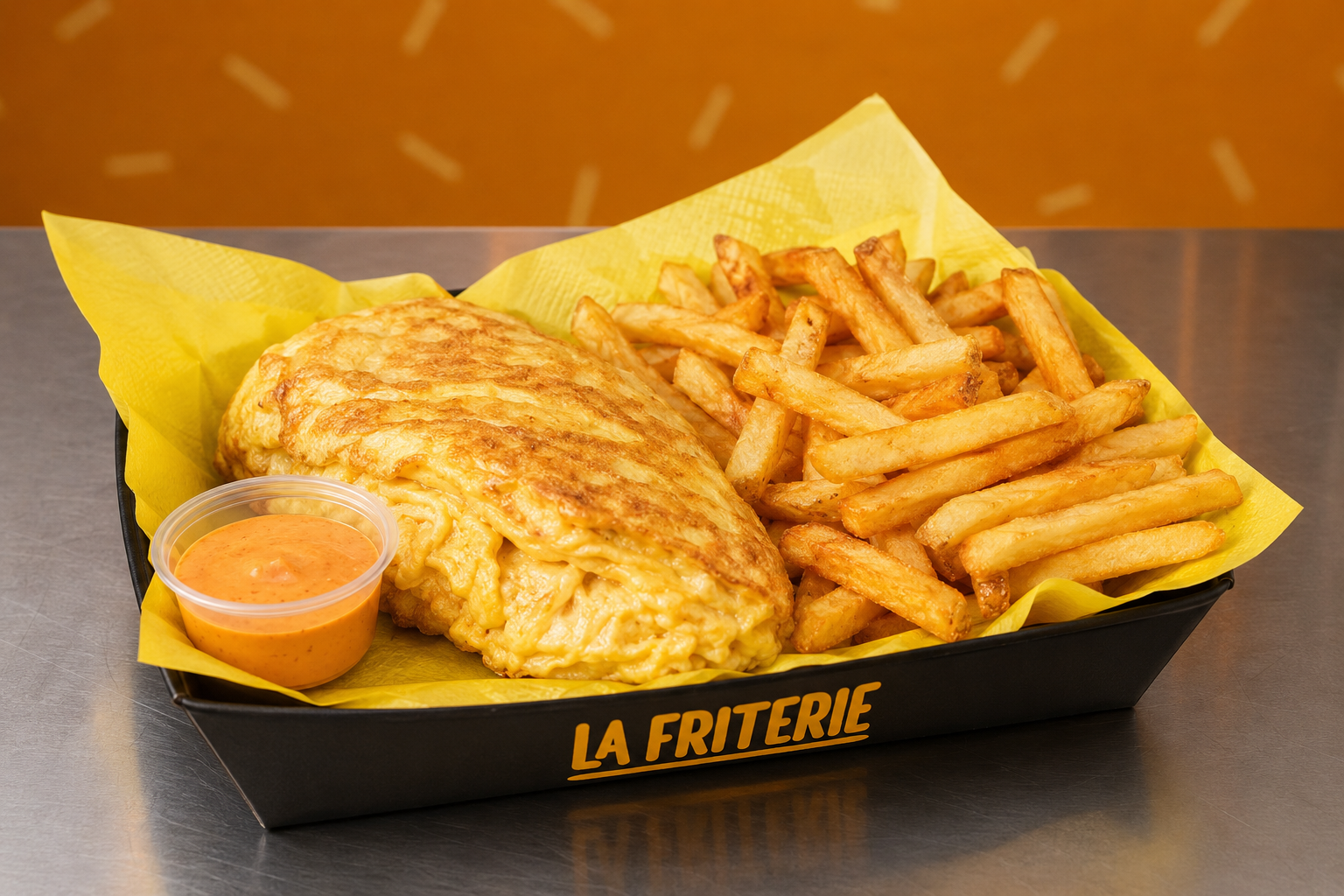 Omelette dorée accompagnée de frites